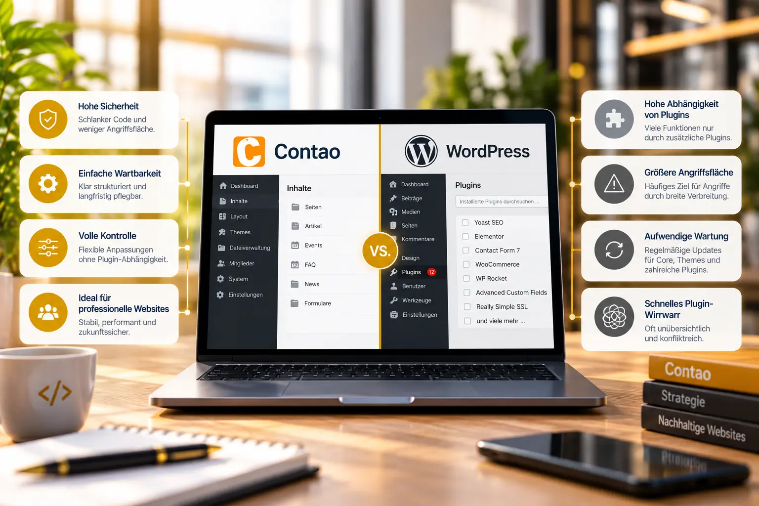 Contao und WordPress im Vergleich – Unterschiede bei Sicherheit, Wartbarkeit, Erweiterungen und Kontrolle.